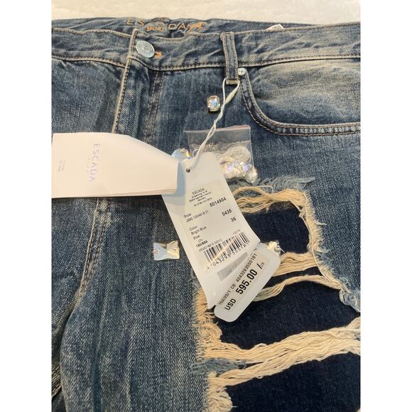 ESCADA SPORTS Rhinestone Patchwork Skinny Ripped Jeans 36 Bright Blue NWT - Picture 4 of 9